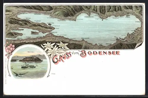 Lithographie Mainau /Bodensee, Dampfer, Karte des Bodensees