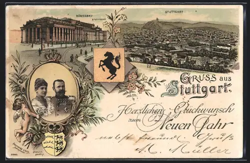 Lithographie Stuttgart, Königsbau, Stadtpanorama