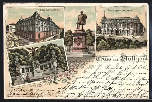 Lithographie Stuttgart, Baugewerkschule, Landesgewerbemuseum, Herzog Christoph Denkmal