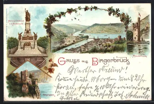 Lithographie Bingerbrück, Niederwald-Denkmal, Mäuseturm, Rheinpartie