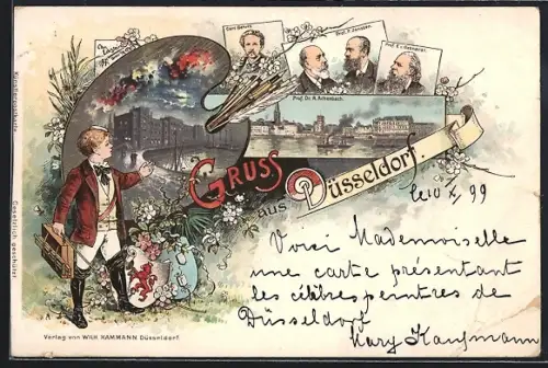 Lithographie Düsseldorf, Berühmte Maler, Kunstakademie, Rheinansicht
