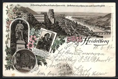 Lithographie Heidelberg, Schloss, Scheffer-Denkmal, Riesenfass