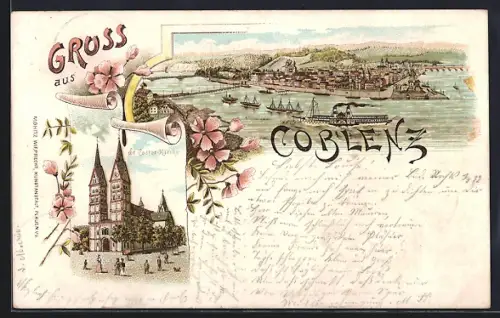 Lithographie Coblenz, Gesamtansicht, St. Castor-Kirche