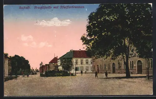 AK Rastatt, Fruchthalle mit Pfeifferbrunnen
