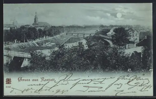Mondschein-AK Rastatt, Stadtansicht, Brücke, Kirche