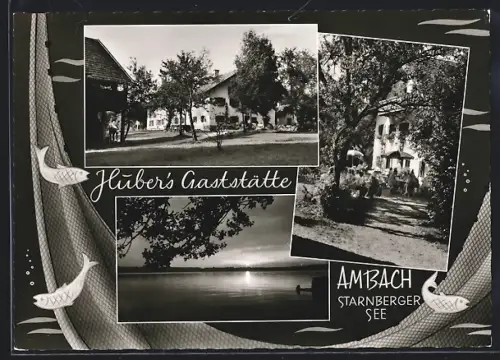 AK Ambach /Starnberger See, Hubers Gaststätte-Pension mit Garten, Seepartie, Netz mit Fischen