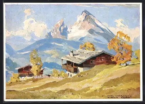 Künstler-AK sign. Hanns Maurus: Blick auf Watzmann bei Berchtesgaden