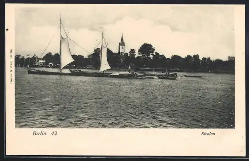AK Berlin-Stralau, Panorama mit Segelbooten