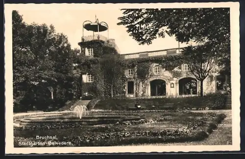 AK Bruchsal, Stadtgarten Belvedère mit Springbrunnen