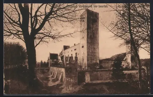 AK Schloss Grünwald im Isartal, Ortsansicht aus der Vogelschau