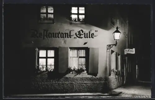 AK Bayreuth, Restaurant / Künstlerkneupe Eule bei Nacht