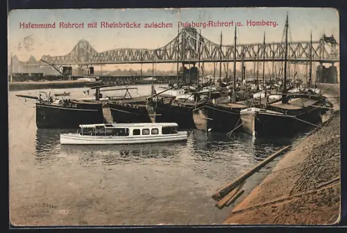 AK Duisburg-Ruhrort, Hafenmund mit Rheinbrücke zwischen Duisburg-Ruhrort u. Homberg
