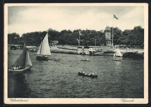 AK Vegesack, Weserstrand mit Segelbooten