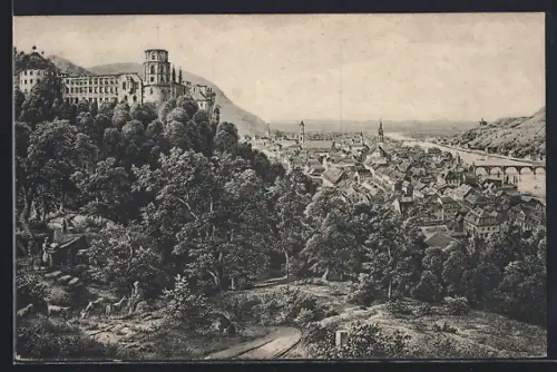 Künstler-AK Heidelberg, Teilansicht mit Burg