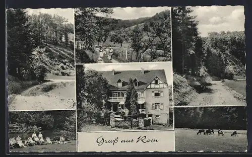 AK Rom b. Morsbach, Gasthof und Pension Heinrich Klein und Waldpartien