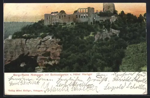 AK Nideggen, Burgruine mit Schlossgarten v. Hôtel Heiliger