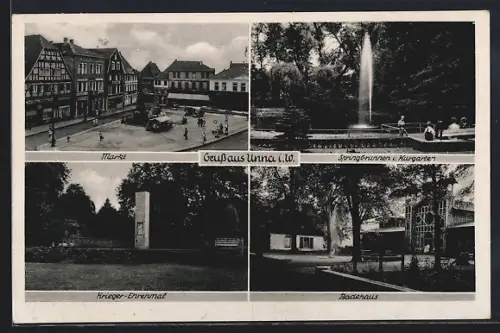 AK Unna i. W., Markt, Springbrunnen im Kurgarten, Krieger-Denkmal und Badehaus