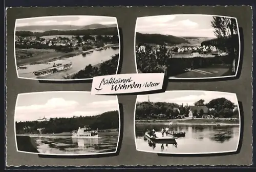 AK Wehrden /Weser, Flusspartien mit Dampfern und Ruderboot und Ortsansicht