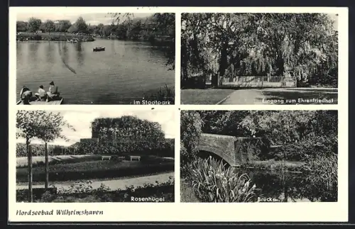 AK Wilhelmshaven, Stadtpark, Ehrenfriedhof, Rosenhügel und Brücke
