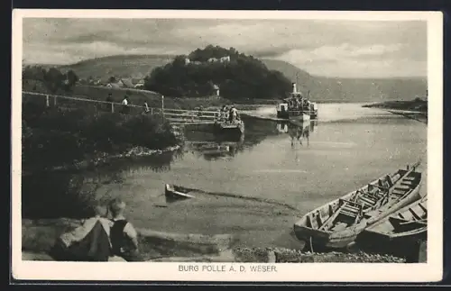AK Polle, Blick auf die Weser, Dampfer