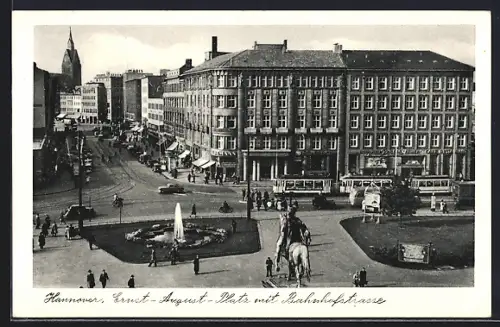 AK Hannover, Ernst-August-Platz mit Blick in die Bahnhofstrasse