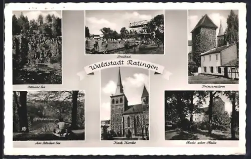 AK Ratingen, Das Freibad mit Badegästen, Die Kath. Kirche, Partie am blauen See