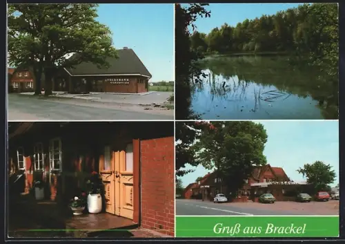 AK Brackel / Luhe, Das Volksbankgebäude, Partie am Teich
