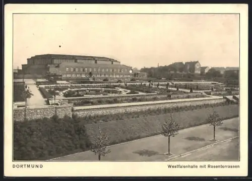 AK Dortmund, Westfalenhalle mit Rosenterrassen