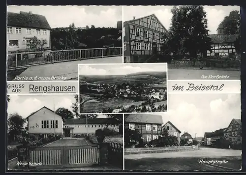 AK Rengshausen im Beisetal, Partie a. d. neuen Brücke, Die neue Schule, Am Dorfplatz