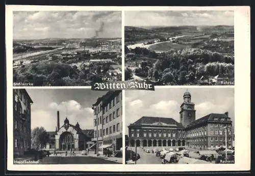 AK Witten /Ruhr, Am Hauptbahnhof, Partie am Rathaus, Blick ins Ruhrtal