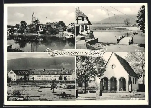 AK Lüchtringen a. d. Weser, Ortsansicht mit Kirche, Das Ehrenmal, Die Schule