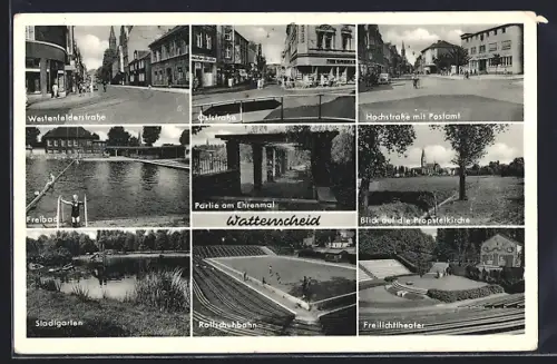 AK Wattenscheid, Hochstrasse mit Postamt, Freibad mit Badegästen, Die Theater mit Freilichtbühne