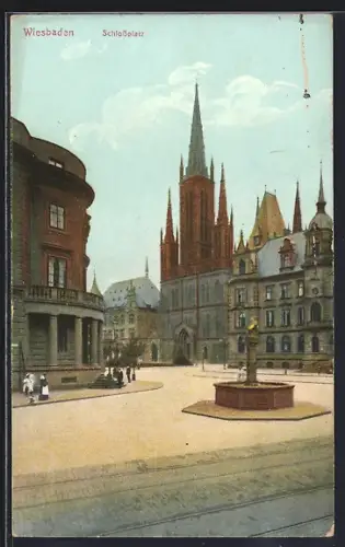 AK Wiesbaden, Schlossplatz mit Brunnen