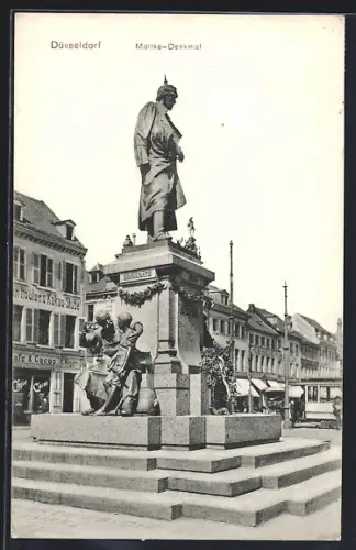 AK Düsseldorf, Strassenpartie mit Geschäften, Moltke-Denkmal und Strassenbahn