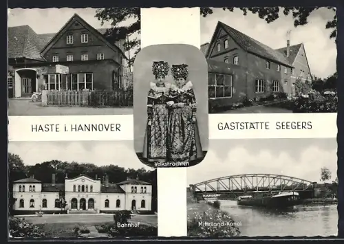 AK Haste i. Hannover, Gaststätte Seegers, Bahnhof, Volkstrachten