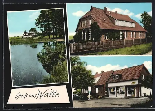 AK Walle /Kr. Celle, Geschäft, Gebäudeansicht, Uferpartie