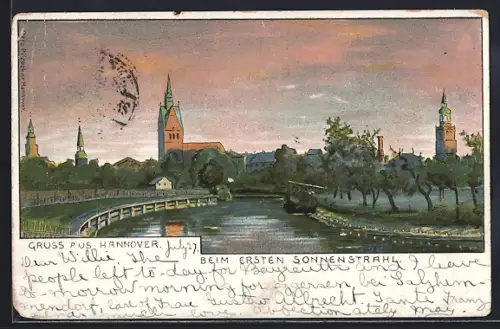 Lithographie Hannover, Ortsansicht beim ersten Sonnenstrahl