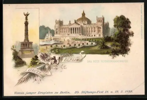 Lithographie Berlin, Reichstagsgebäude, Siegessäule