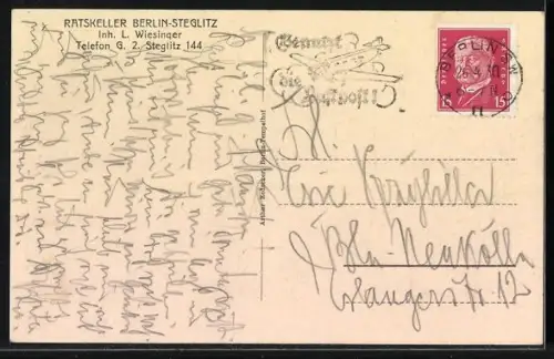 AK Berlin-Steglitz, Rathaus, Restaurant Ratskeller, Inh. L. Wiesinger