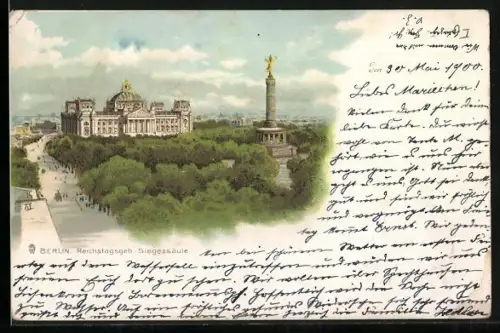Lithographie Berlin, Reichstagsgebäude, Siegessäule
