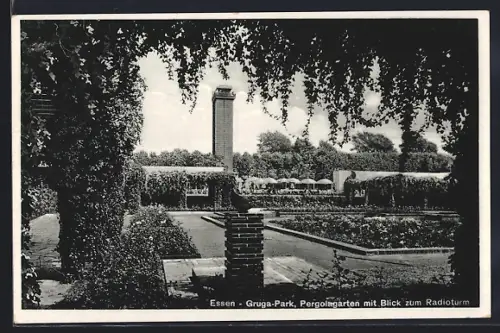AK Essen, Gruga-Park, Pergolagarten mit Blick zum Radioturm