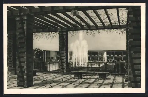 AK Essen, Grosse Ruhrländische Gartenbau Ausstellung 1929, Blick durch den Pergolagarten auf die Wasserspiele