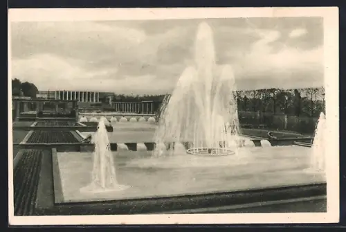 AK Essen, Grosse Ruhrländische Gartenbau-Ausstellung Gruga 1929, Wasserterrassen gegen Rosencafe