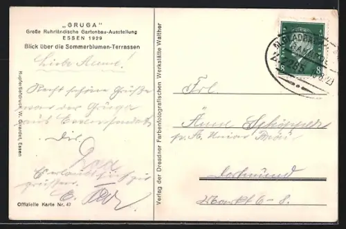 AK Essen, Grosse Ruhrländische Gartenbau-Ausstellung GRUGA 1929, Blick über die Sommerblumen-Terrassen