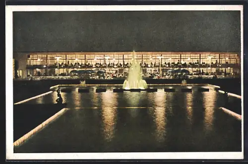 AK Essen, Gruga-Ausstellung, Wasserterrassen bei Nacht