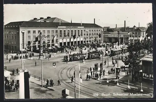 AK Basel, Schweizer Mustermesse, Strassenbahn am Messegelände