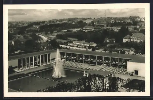 AK Essen, Grosse Ruhrländische Gartenbau-Ausstellung Gruga 1929, Blick vom Radioturm auf Wasserterrassen