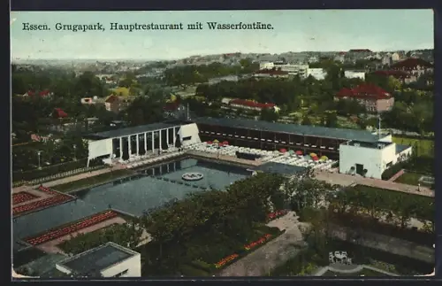 AK Essen, Grugapark, Hauptrestaurant mit Wasserfontäne