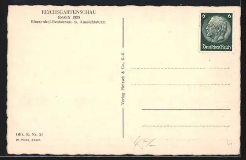 AK Essen, Reichsgartenschau 1938, Blumenhof-Restaurant m. Aussichtsturm, 