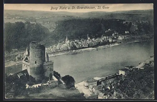 AK St. Goarshausen, Ortsansicht mit Burg Katz und St. Goar